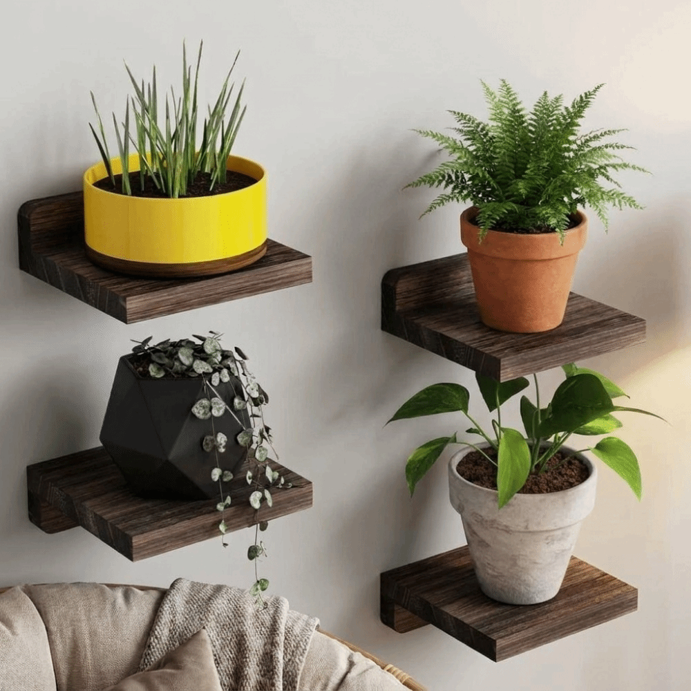Flower Wall Panel - 4 個の木製小さなフローティング棚シンプルな装飾壁掛け棚素朴な植物ディスプレイラックフラワーラック庭の装飾