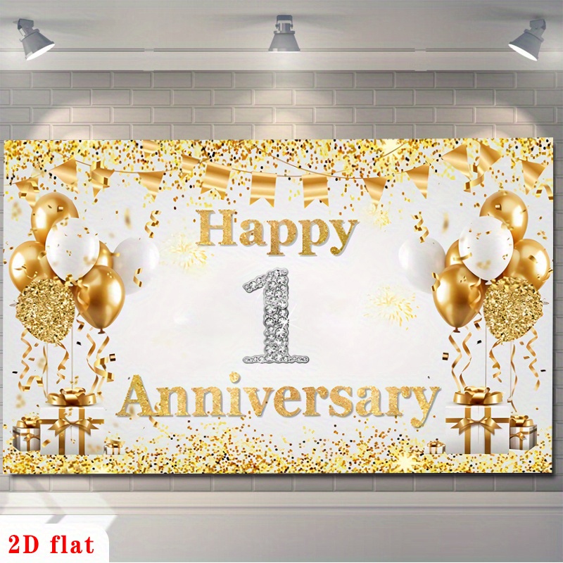 Party Banner Gold - 2Dフラットゴールドホワイトハッピー1周年記念バルーンバナーポリエステルウォールアート、庭、カフェ、農場、クラブ、ホームパーティーの装飾に