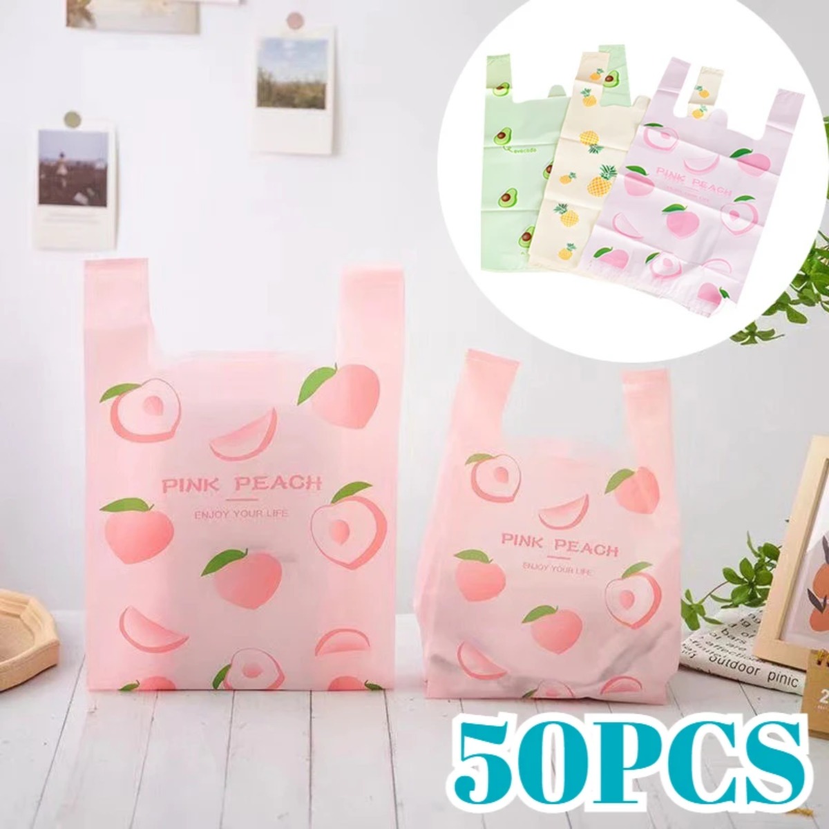 Event Party Shop - 50枚入り ハンドヘルドギフトバッグ かわいいフルーツ柄 プラスチックバッグ 衣料品 キッチン