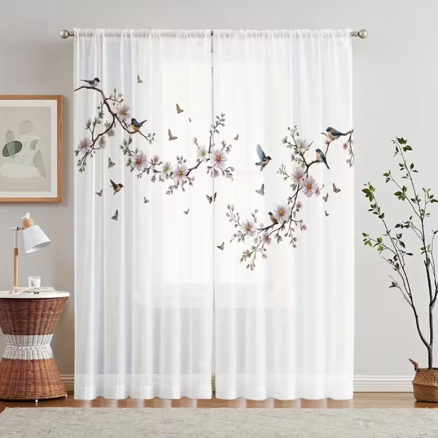Flower Wall Panel - 2枚組デジタルプリントシアーカーテン、花鳥蝶自然庭園春の窓用ドレープ、リビングルーム寝室の家の装飾に
