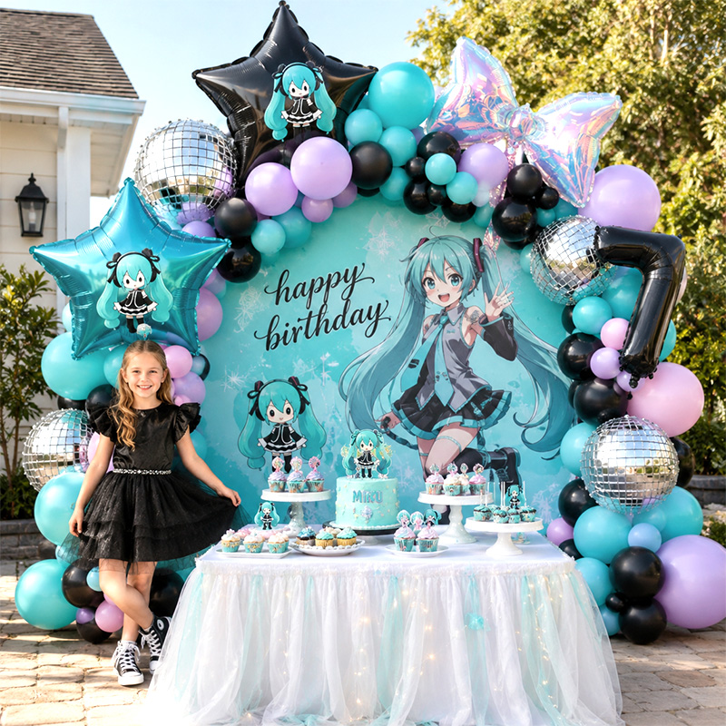 Balloon Arch Kit - 初音ミクバーチャルシンガー バルーンアーチガーランドキット、ティールブラックミックスバルーン アニメファン向け誕生日パーティー装飾用品