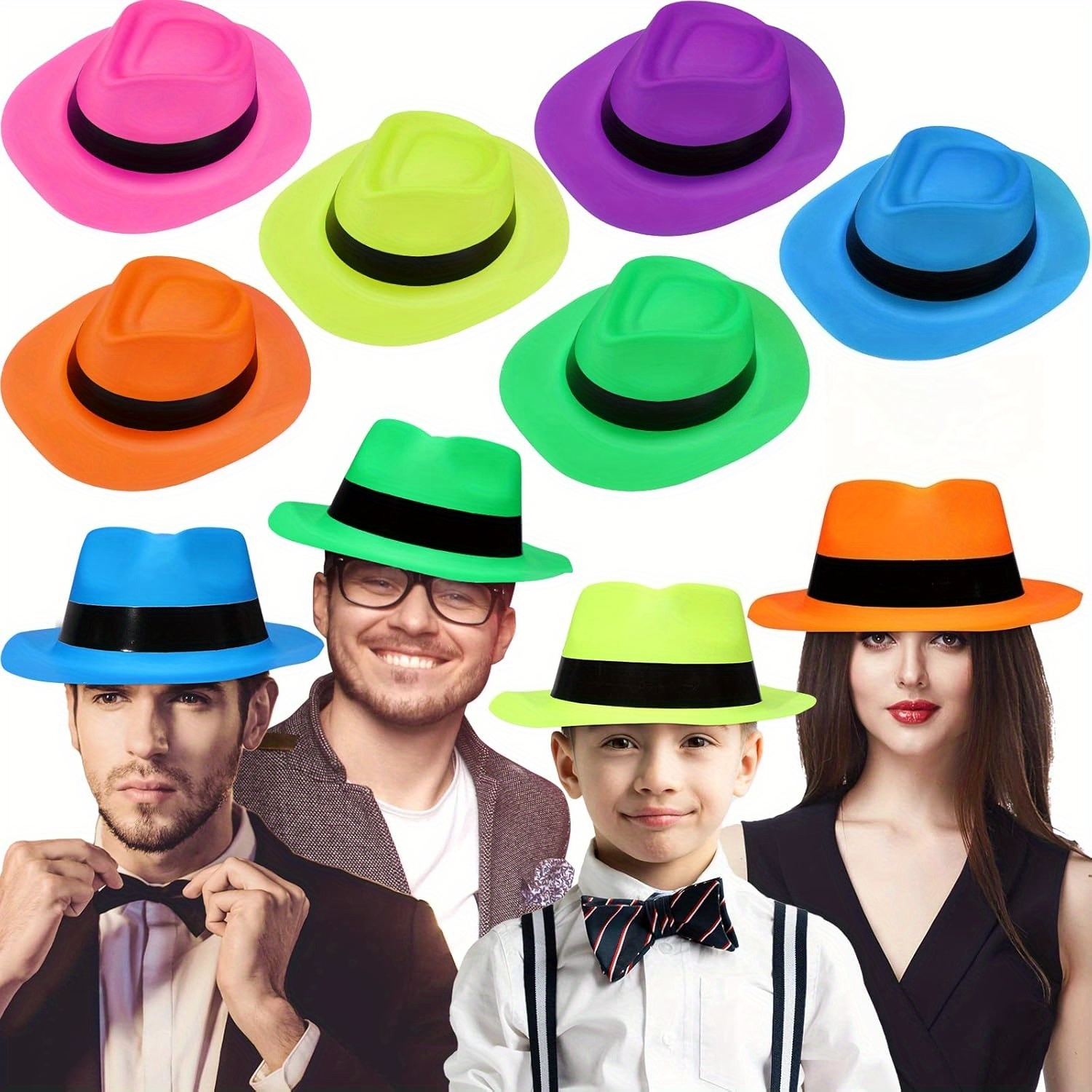 Party Hat Cone - 12個入り ネオンマフィアスタイル パーティーハット - ギャング、音楽、ディスコ、誕生日、写真撮影用小道具、記念品に最適な明るいドレスハット