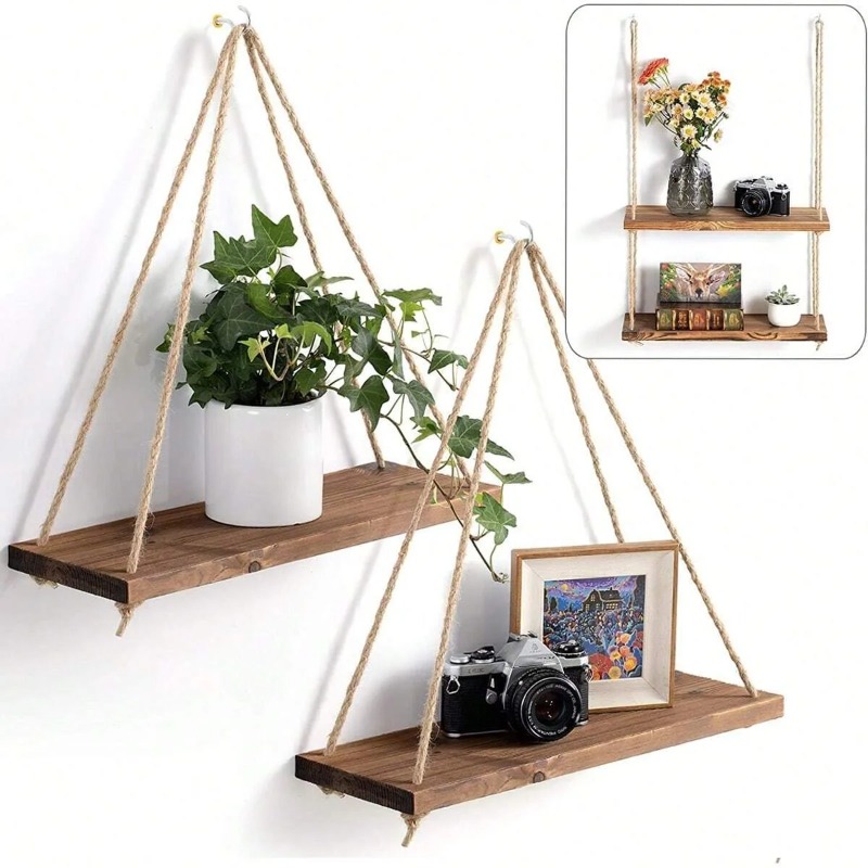 Flower Wall Panel - 1PC 木製スイングぶら下げ麻ロープ壁棚マウントフローティングホームリビングルーム植物植木鉢トレイ収納庭の装飾