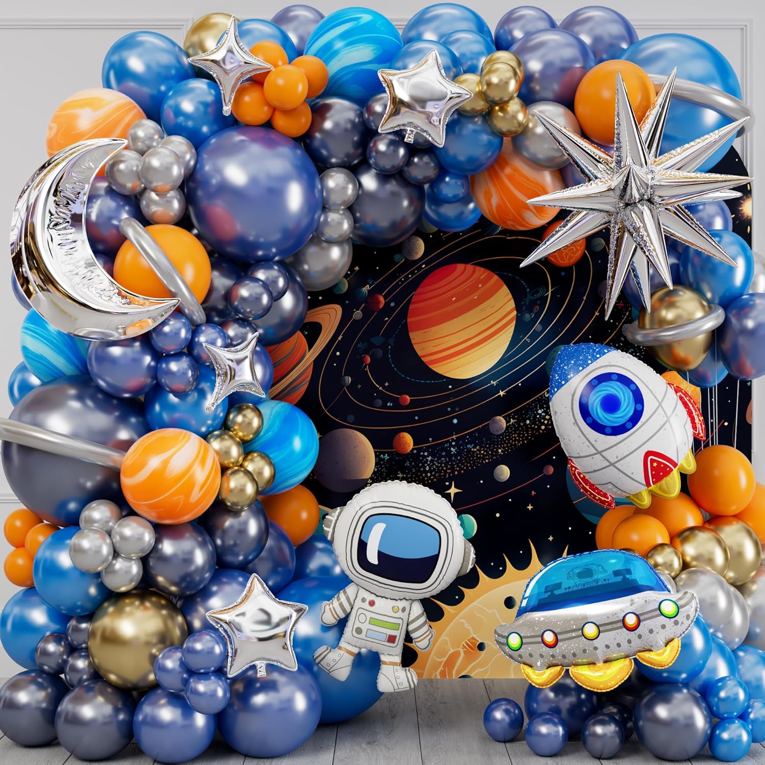 Balloon Arch Kit - 宇宙、月、青、オレンジ、グレー、宇宙飛行士、ロケット、UFO、バルーンガーランドアーチキット、ギャラクシーバースデーパーティーデコレーション用
