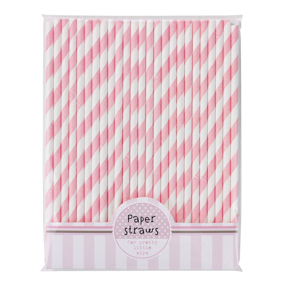 30本入りエコフレンドリーな紙製ストライプストロー ピンクと - Paper Straw Color のレビューと価格
