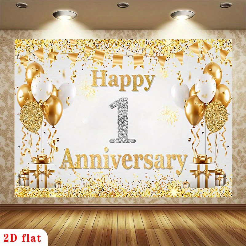 2Dフラットゴールドホワイトハッピー1周年記念バルーンバナー - Party Banner Gold のレビューと価格