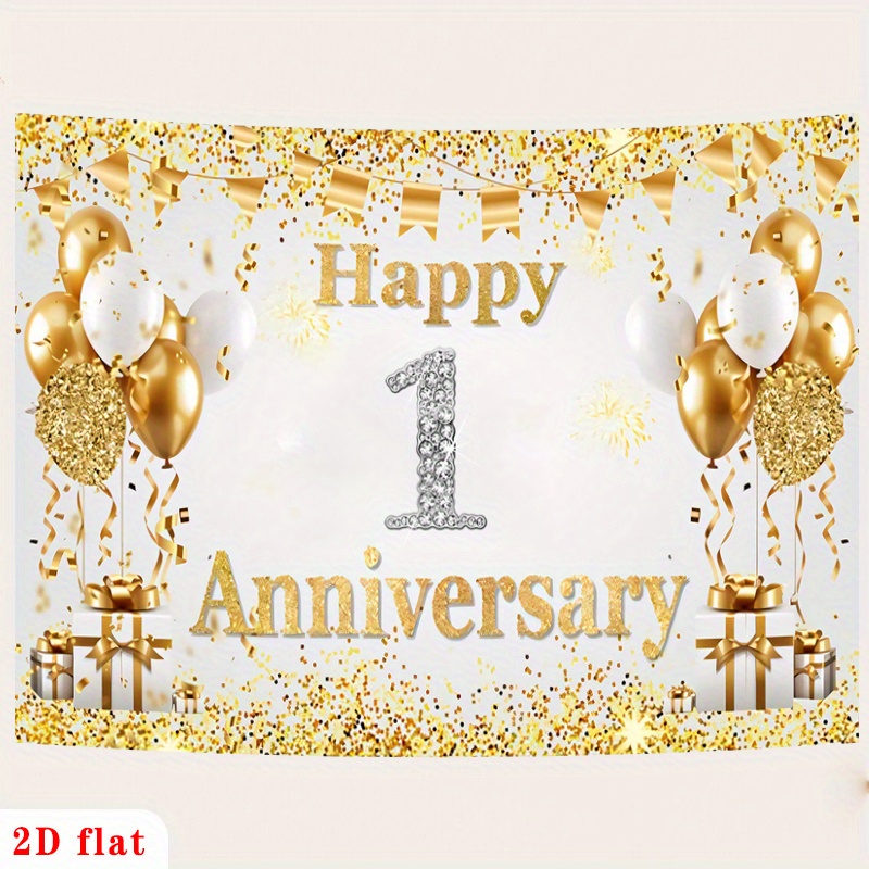 2Dフラットゴールドホワイトハッピー1周年記念バルーンバナー - Party Banner Gold のレビューと価格