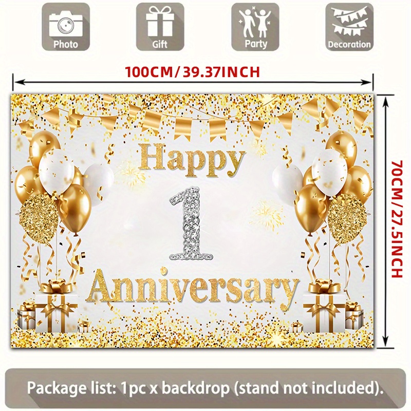2Dフラットゴールドホワイトハッピー1周年記念バルーンバナー - Party Banner Gold のレビューと価格