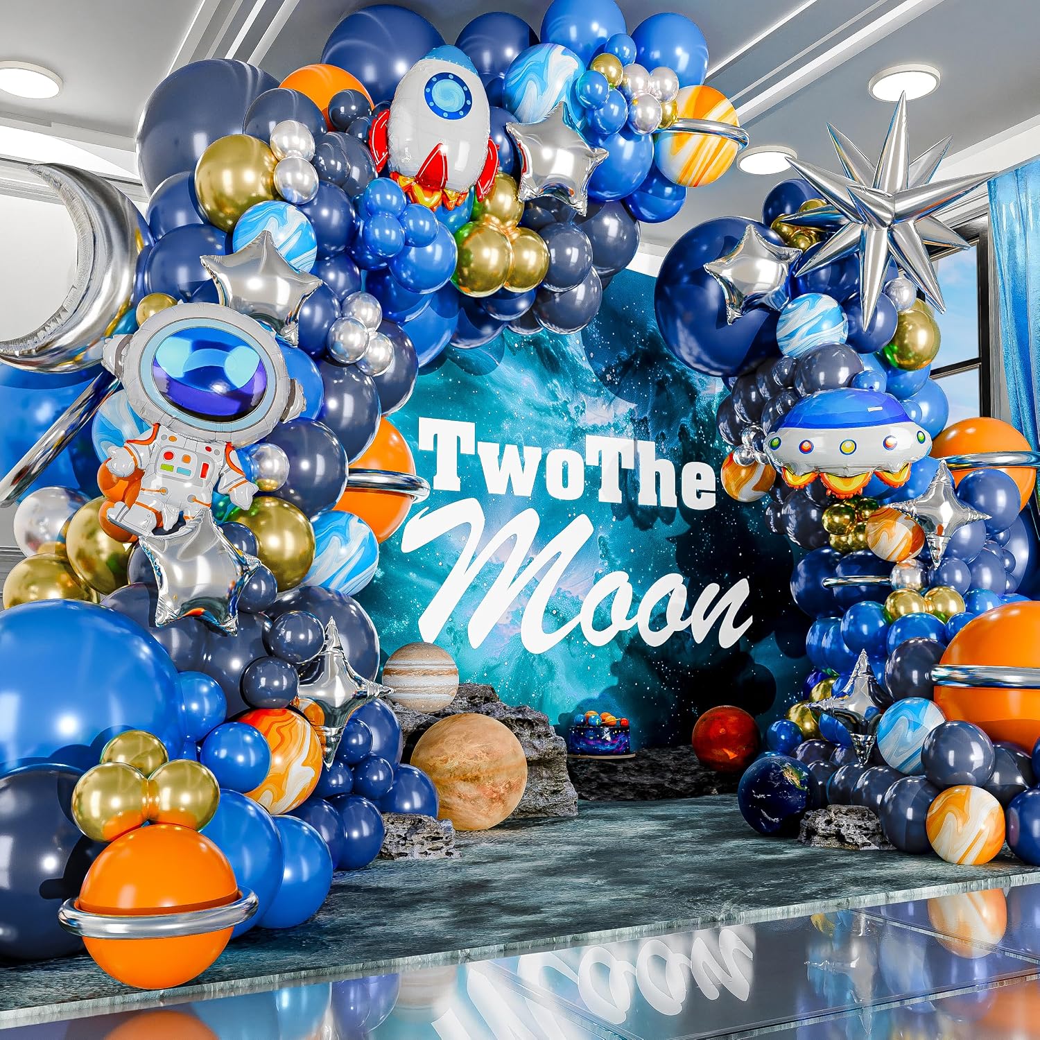 宇宙、月、青、オレンジ、グレー、宇宙飛行士、ロケット、UFO - Balloon Arch Kit のレビューと価格