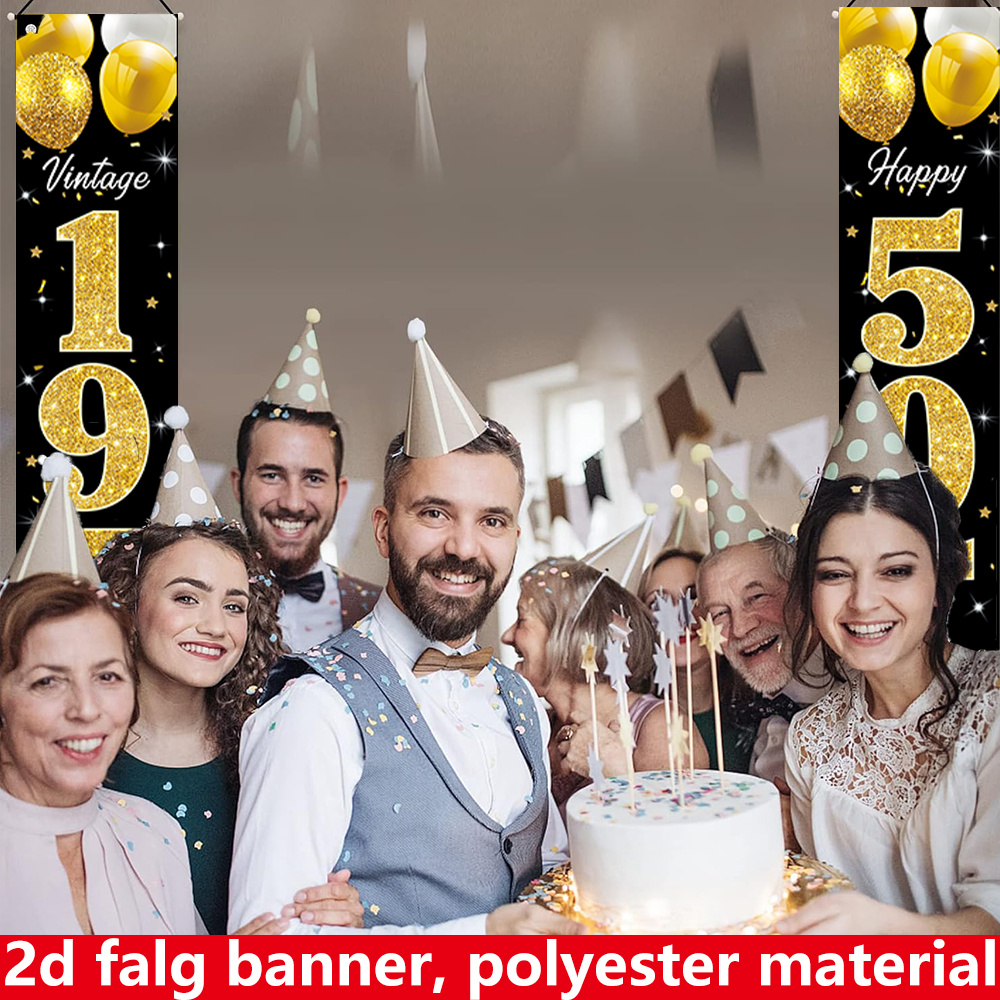2Dフラットバナー、2枚組バースデーバナー、ポリエステル素材 - Party Banner Gold のレビューと価格
